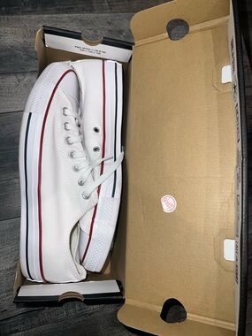 Converse White Low-Top Sneakers with Red & Black Stripes